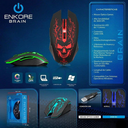 Mouse Gamer Brain Ekm302 Usb 7Leds 6B 3200Dpi Enkore - SMART BUSINESS